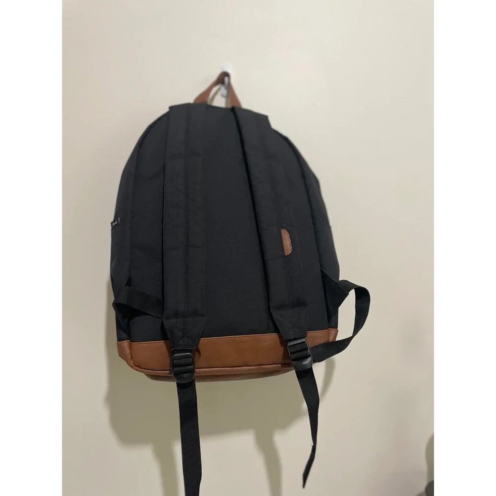 Herschel Supply Co Pop Quiz Backpack Black Tan Faux Leather Bottom Laptop Sleeve